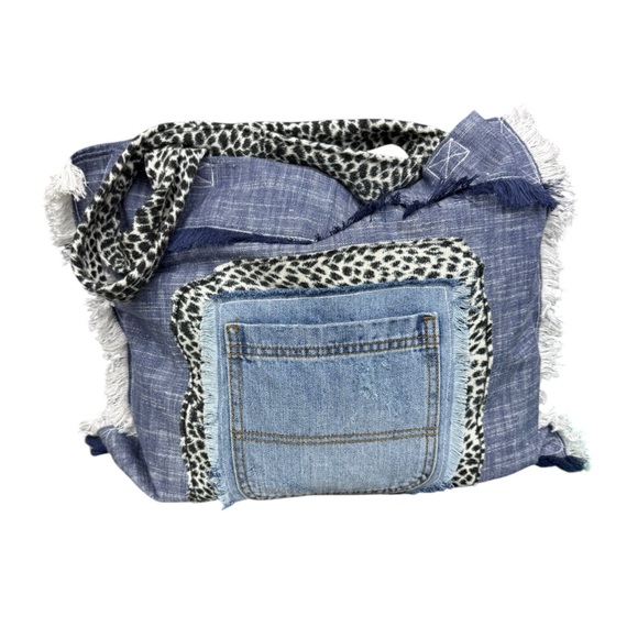 Upcycled Handbags - Blue Frayed Denim Tote Bag Leopard Straps Patchwork Jean Pocket